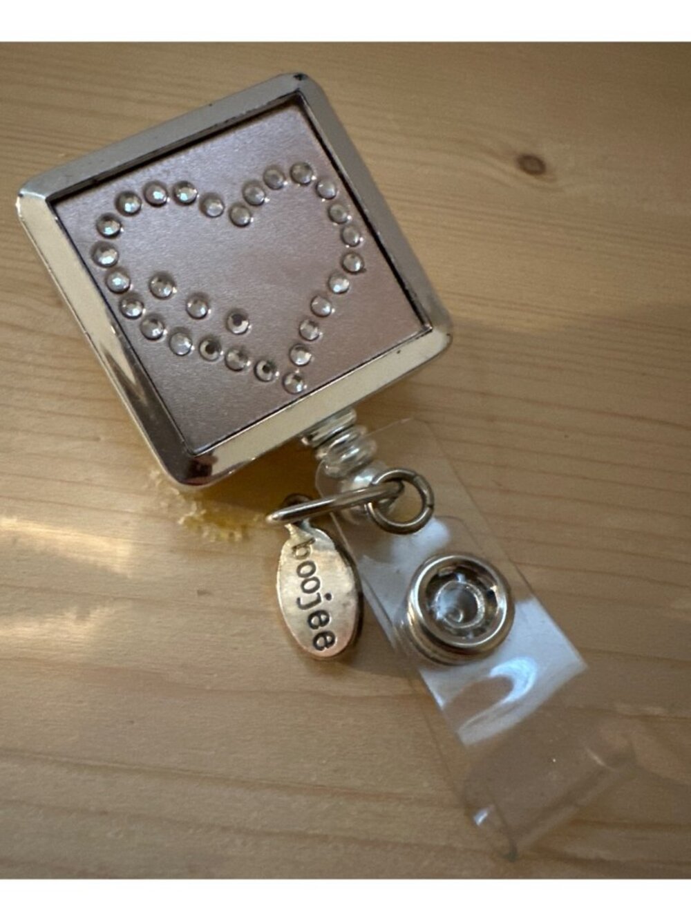 BooJee Pink Rhinestone Heart Square Id Holder Retractable Badge Cord Work School